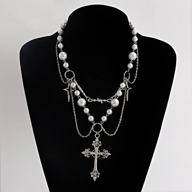 Punk Crosses Pendant Necklace Gothic Crosses Layered Chain Imitation Pearls Beaded Choker Vintage Sweater Chain Jewelry Gifts
