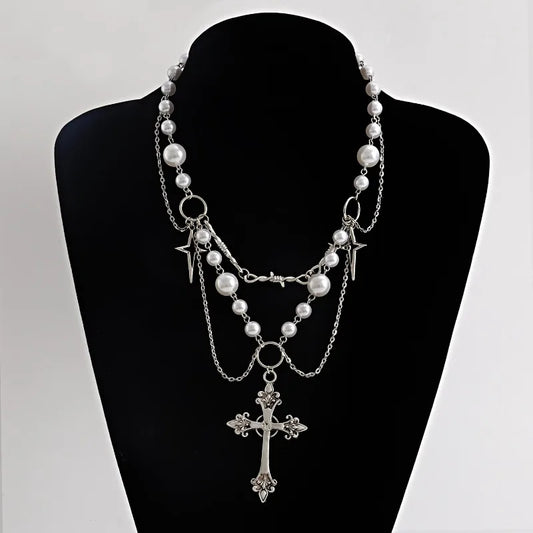 Punk Crosses Pendant Necklace Gothic Crosses Layered Chain Imitation Pearls Beaded Choker Vintage Sweater Chain Jewelry Gifts