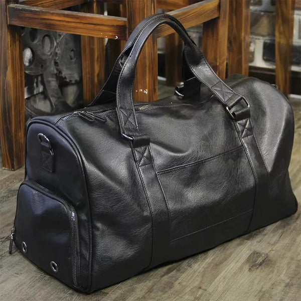 Mens Large Capacity Leather Travel Duffel Bag Casual Sports Gym Bag with Shoe Compartment