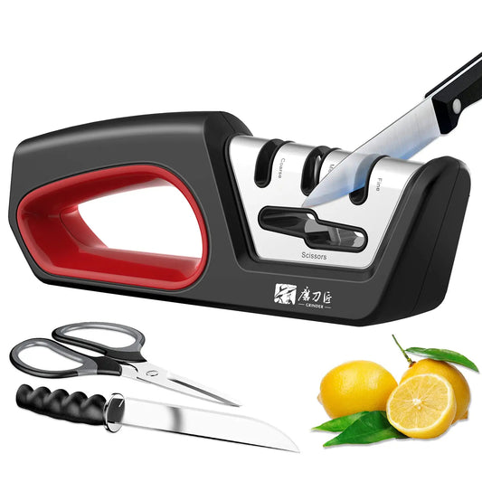 Four in One Kitchen Sharpener Restores Serrated Blade Knives and Scissors, Diamond Tungsten Steel Ceramics