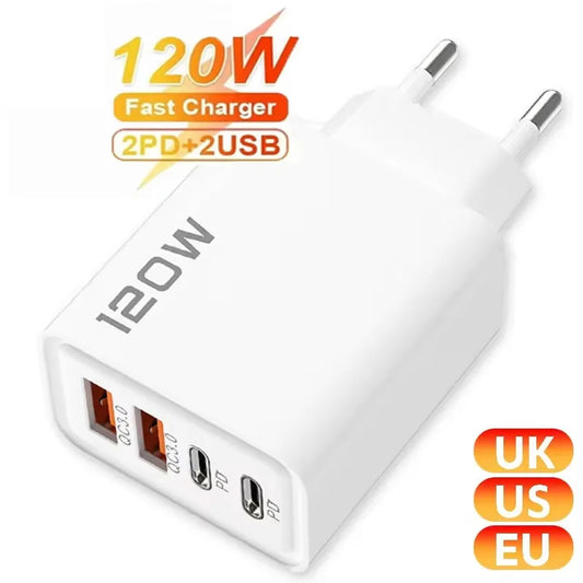 PD 120W 4 Ports USB C Charger Quick Charge 3.0 Type C USB Phone Chargers Fast Charging Adapter for Samsung iPhone Xiaomi Huawei