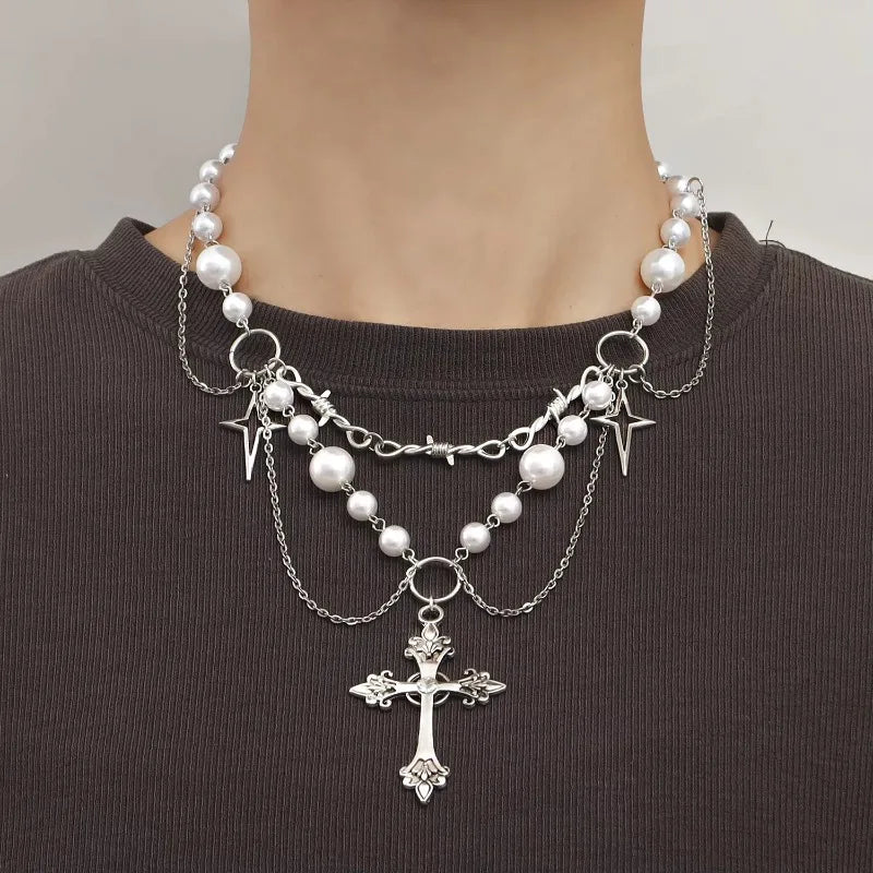 Punk Crosses Pendant Necklace Gothic Crosses Layered Chain Imitation Pearls Beaded Choker Vintage Sweater Chain Jewelry Gifts