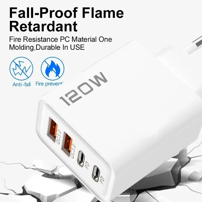 PD 120W 4 Ports USB C Charger Quick Charge 3.0 Type C USB Phone Chargers Fast Charging Adapter for Samsung iPhone Xiaomi Huawei