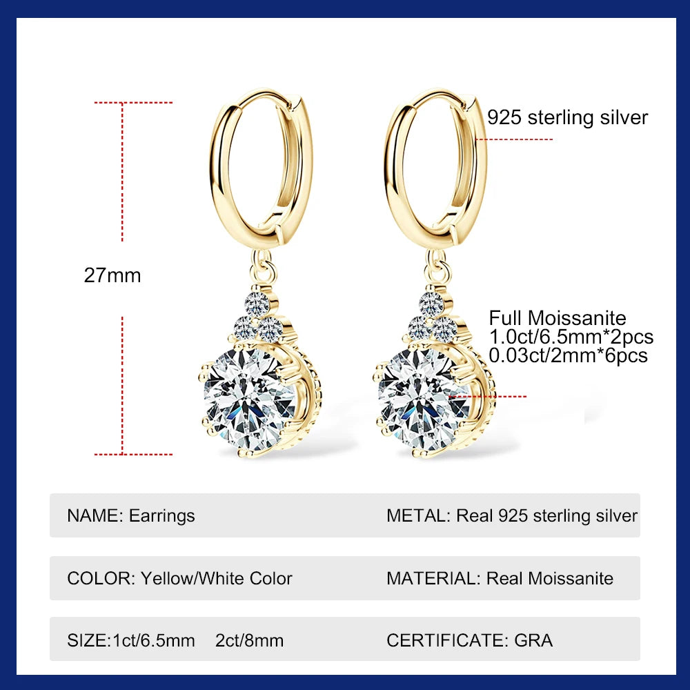 Sweetrain 1CT 2CT Moissanite Drop Earrings For Women Sparkling Lab Diamond 18K Gold Plated 925 Sterling Silver Dangle Earring