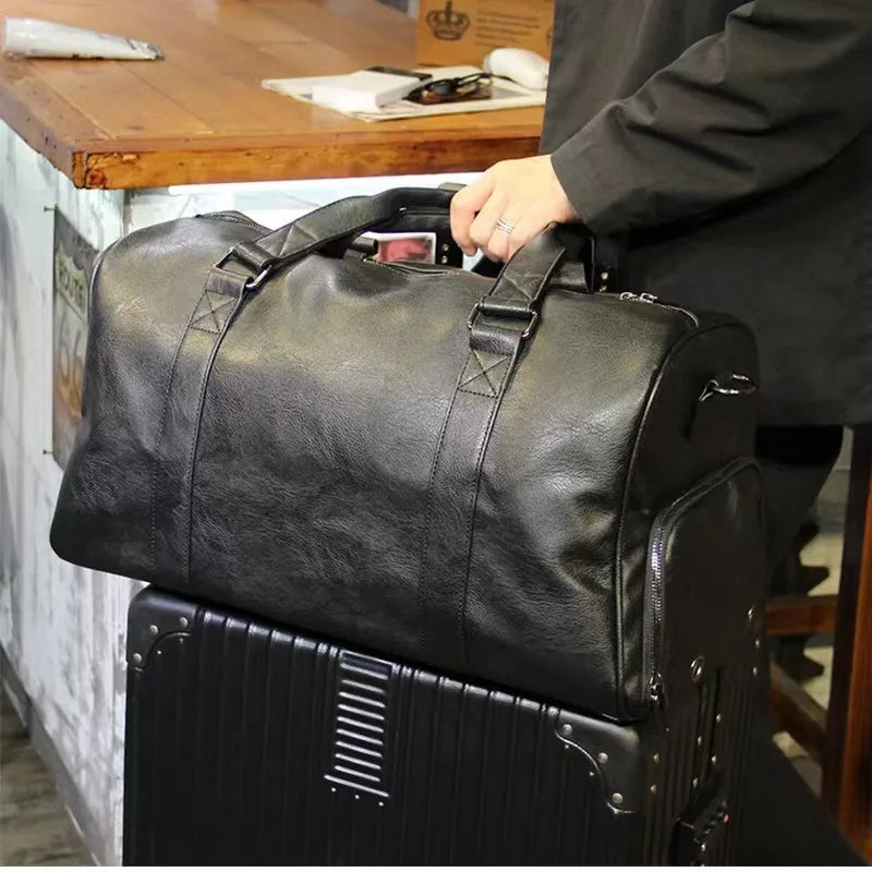 Mens Large Capacity Leather Travel Duffel Bag Casual Sports Gym Bag with Shoe Compartment