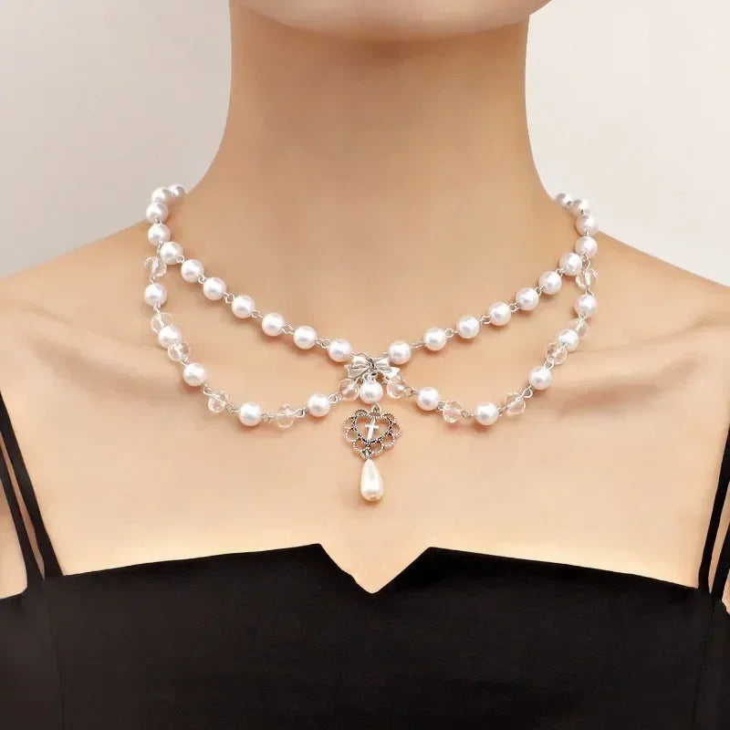 Punk Crosses Pendant Necklace Gothic Crosses Layered Chain Imitation Pearls Beaded Choker Vintage Sweater Chain Jewelry Gifts