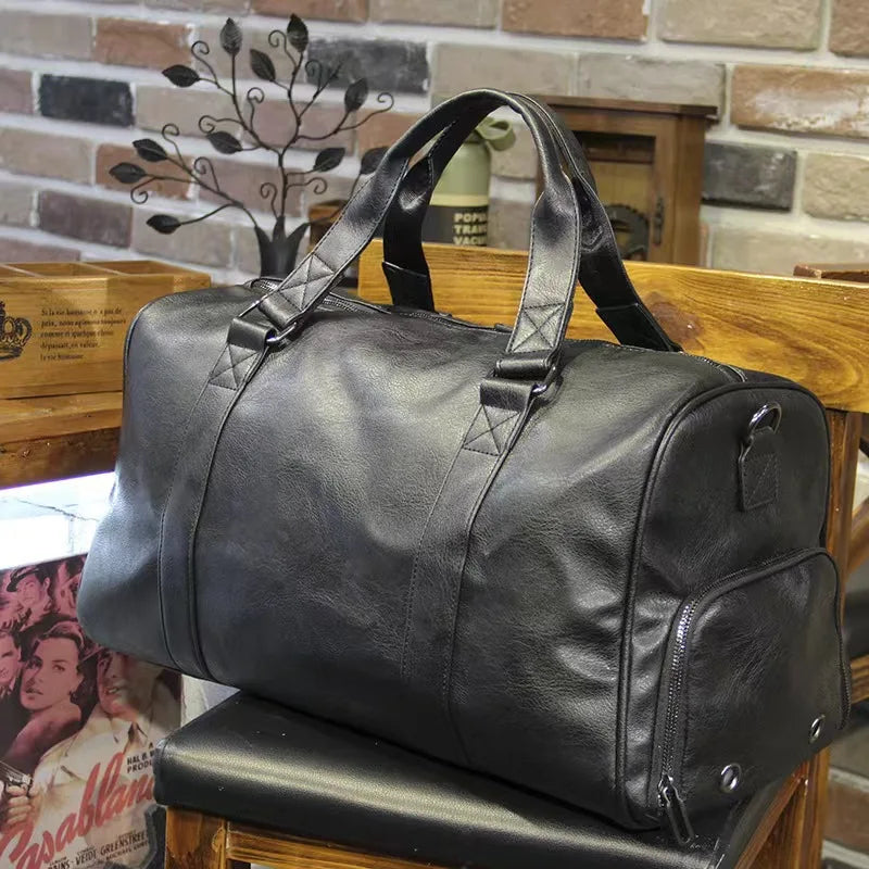 Mens Large Capacity Leather Travel Duffel Bag Casual Sports Gym Bag with Shoe Compartment