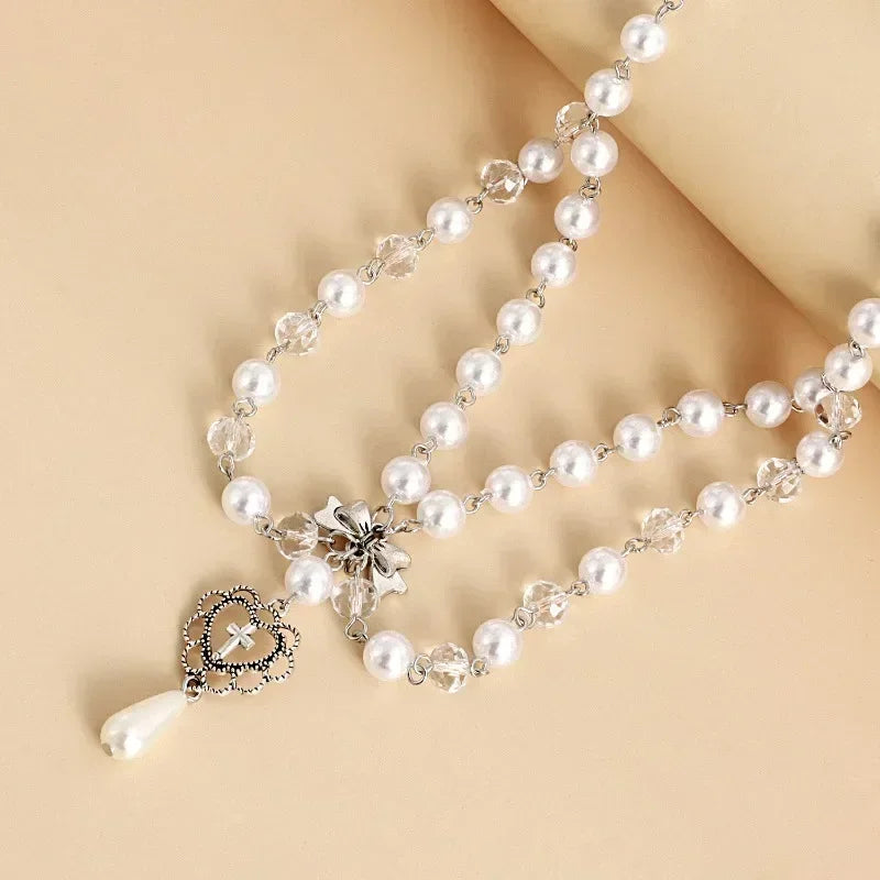 Punk Crosses Pendant Necklace Gothic Crosses Layered Chain Imitation Pearls Beaded Choker Vintage Sweater Chain Jewelry Gifts