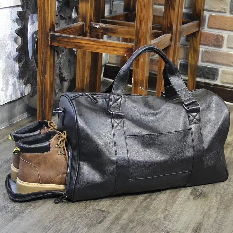 Mens Large Capacity Leather Travel Duffel Bag Casual Sports Gym Bag with Shoe Compartment
