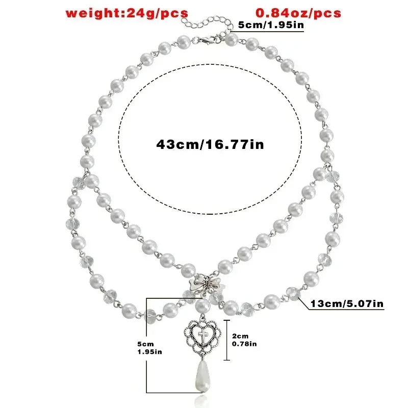 Punk Crosses Pendant Necklace Gothic Crosses Layered Chain Imitation Pearls Beaded Choker Vintage Sweater Chain Jewelry Gifts