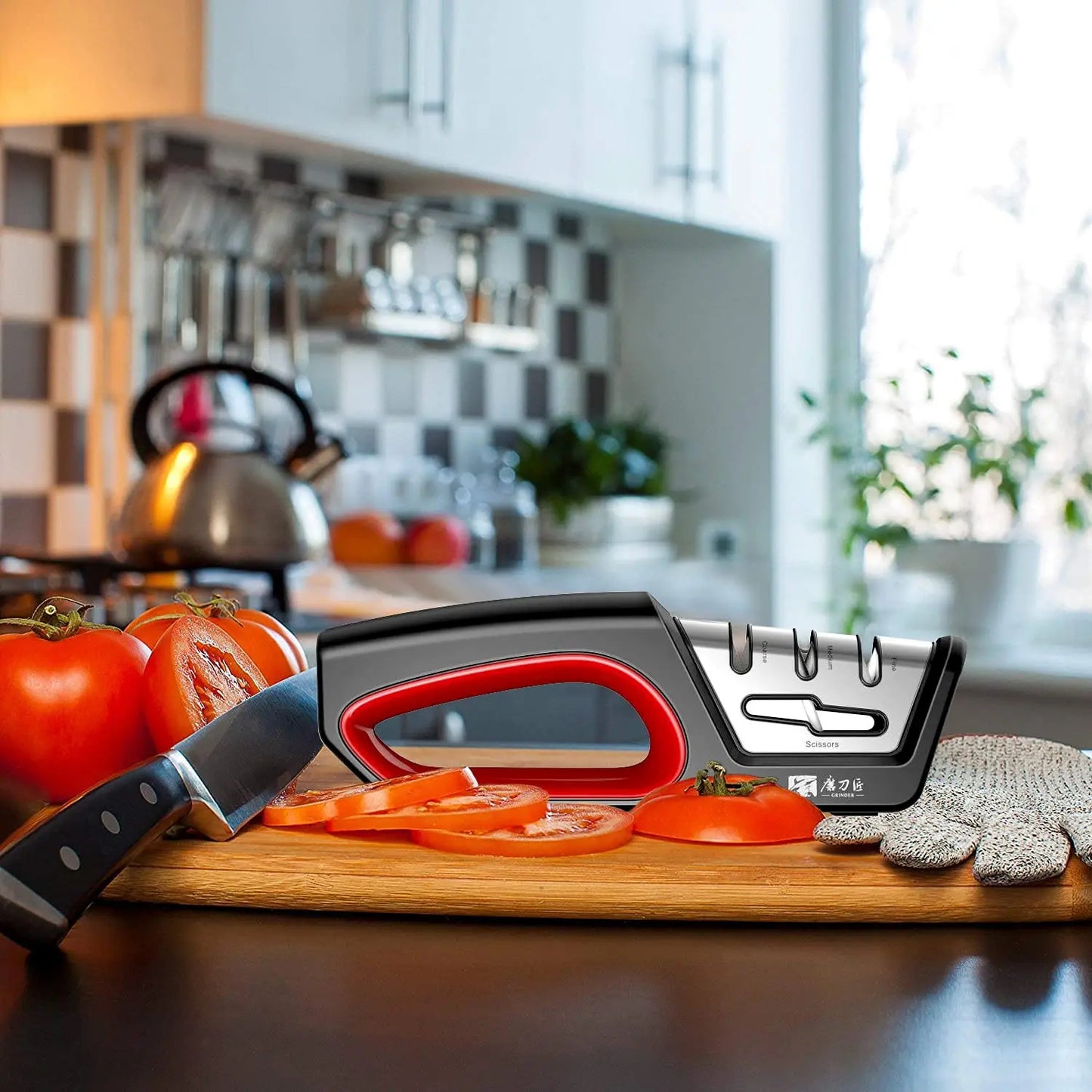 Four in One Kitchen Sharpener Restores Serrated Blade Knives and Scissors, Diamond Tungsten Steel Ceramics