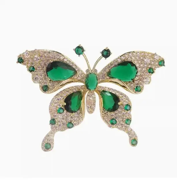 Fashion Women Elegant Emerald Crystal Butterfly Brooches Badges Classic Lady Dress Suit High-end Pins Jewelry